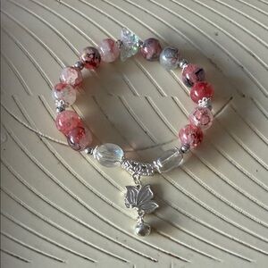 Pink Beaded Bracelet with Silver Butterfly Charm